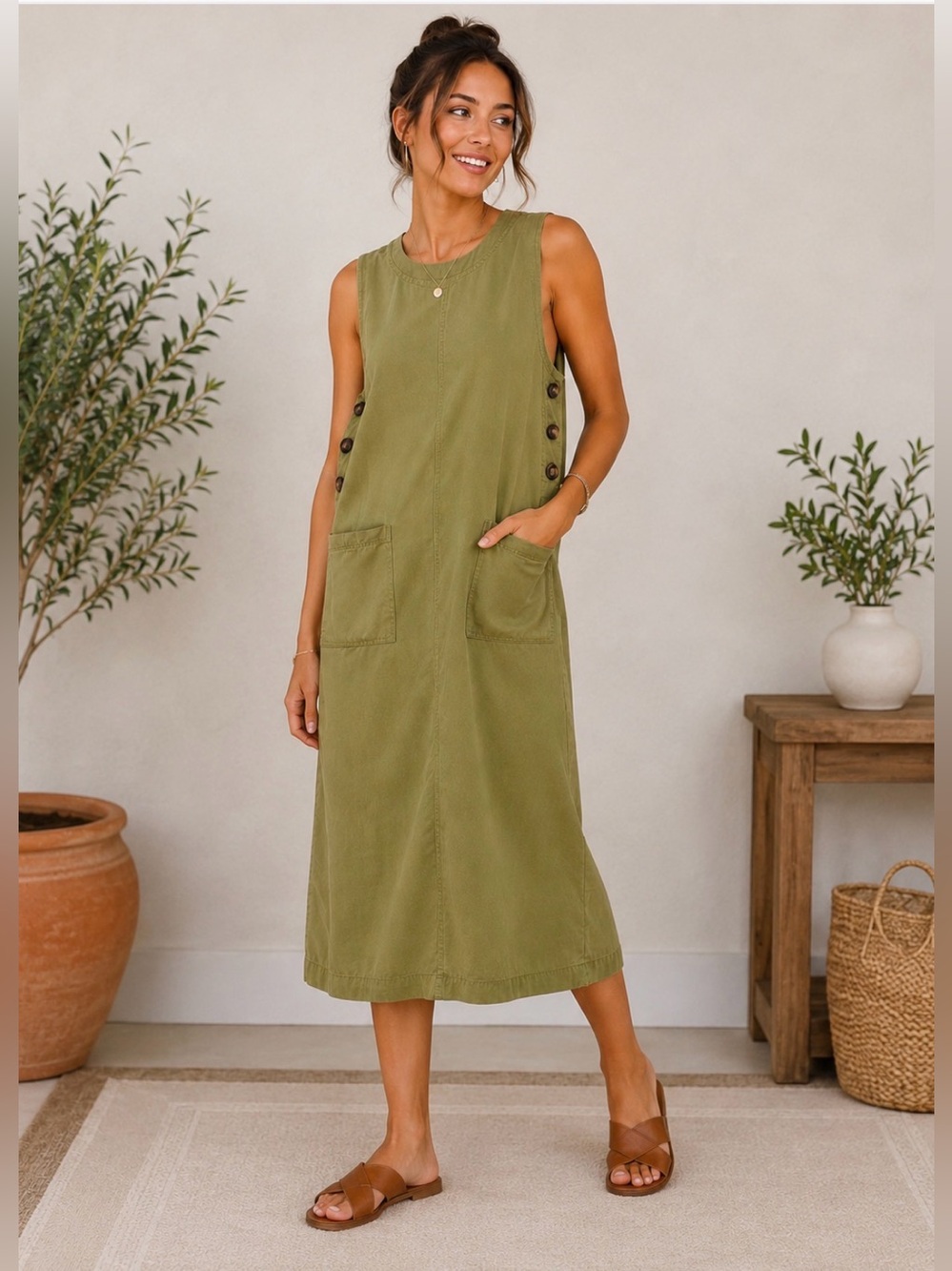 AKS Amy K Su  Green Midi Shift Dress Side Buttons Pockets Petite XS